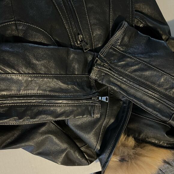 Womens Leather & Fur Collar Jacket Mob Wives Biker Moto Size M Espresso - Picture 4 of 9